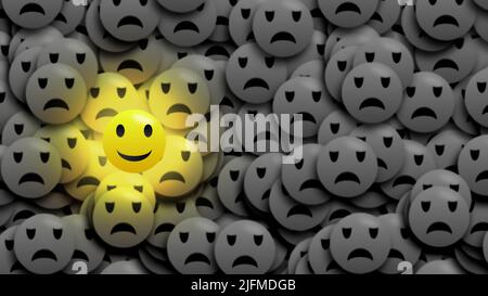 happy emoji isolé sur noir et blanc peu flou mécontent emojis. Concept montrant la dépression et le sentiment heureux. Banque D'Images