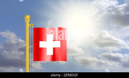 Drapeau suisse agitant sur le vent dans le ciel bleu et devant la lumière du soleil. Banque D'Images