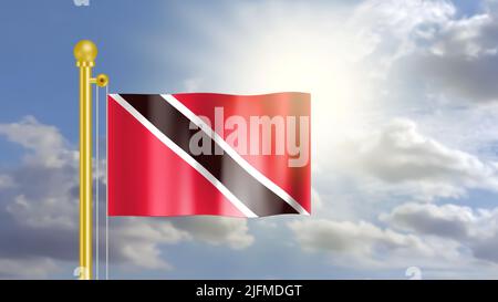 Drapeau de Trinité-et-Tobago agitant sur le vent dans le ciel bleu et devant la lumière du soleil. Banque D'Images