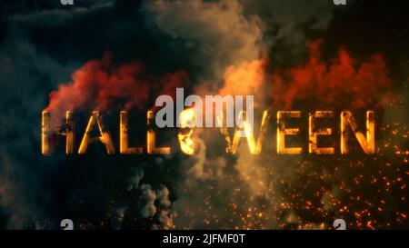 Texte halloween avec crâne brûlant sur fond de fumée sombre - résumé 3D illustration Banque D'Images