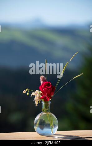 Composition de fleurs avec fleurs de champ et une rose rouge dans un vase en verre. Composition florale d'été sur la table en bois - extérieur Banque D'Images