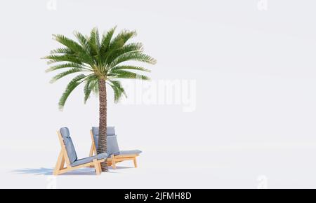 Palmier et deux chaises de plage sur fond blanc. 3d rendu Banque D'Images