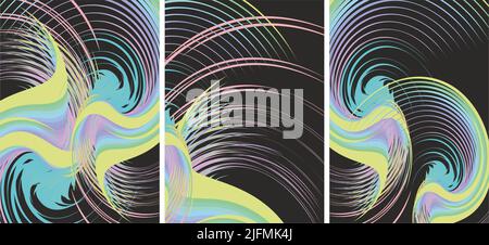 Magnifiques fonds ondulés multicolores avec éléments en spirale. Triptyque futuriste avec lignes floues sur fond noir pour affiches, tissus, textiles Banque D'Images