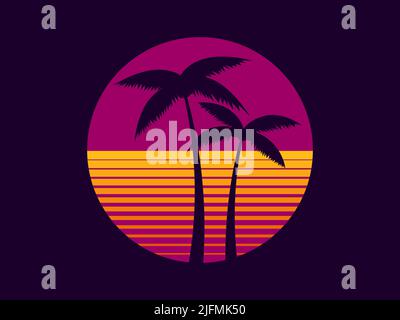 Palmiers au coucher du soleil dans le style du 80s. Soleil futuriste rétro avec palmiers dans le style des ondes synthiques. Conception de produits promotionnels, bannière et post Illustration de Vecteur