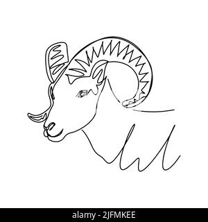 Illustration vectorielle isolée de l'art de ligne RAM. Silhouette de tête d'animal corné. Icône de la ligne noire de mouton sur fond blanc Illustration de Vecteur