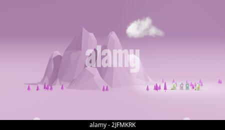 3d rendu de jolies maisons de couleur bonbon avec des arbres roses et de basses montagnes poly et espace négatif pour la copie. Banque D'Images