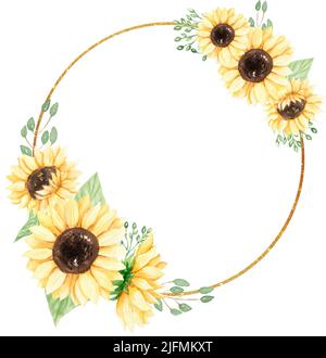 Sunflower Wreath Clipart, Watercolor Meadow Flowers Frame, illustration rustique de bouquet de fleurs sauvages, invitations de mariage, douche de bébé, logo Banque D'Images