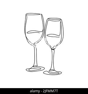 Paire de verres à vin vecteur art ligne isolé. Verres sur les jambes pour boissons alcoolisées. Verrerie pour boire le contour noir sur fond blanc Illustration de Vecteur