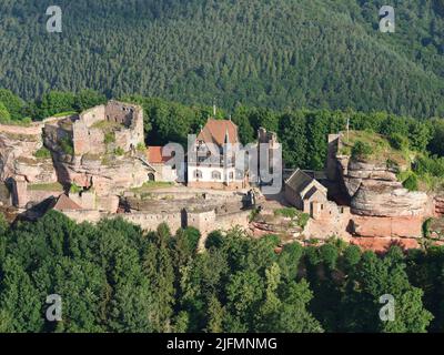 VUE AÉRIENNE. Ruines d'un château médiéval construit sur un affleurement de grès sur les montagnes de l'est des Vosges. Château du Haut-Barr, Saverne, Alsace, France. Banque D'Images