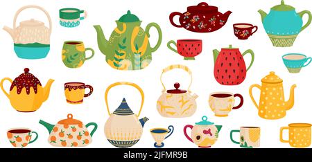 Tasses et théière. Théières en céramique, théières de dessins animés hygge éléments ménagers. Jolie bouilloire pour une cuisine confortable, une cafetière et une vaisselle à la maison Illustration de Vecteur