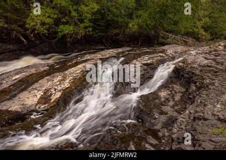 Une cascade en cascade sur une rivière dans les bois pendant l'été. Banque D'Images