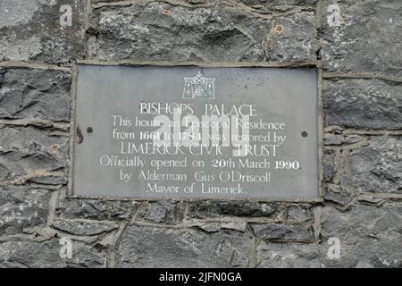 Plaque du Palais des évêques à Limerick Banque D'Images