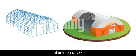 Temporaire industriel 3D construction de tentes et de grange élément filaire de bâtiment. Hangar d'entrepôt de bâches d'auvent. Tunnel d'exposition commerciale. Concept de distribution et de stockage de production en usine Illustration de Vecteur