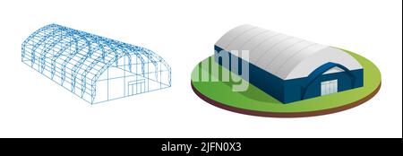 Temporaire industriel 3D construction de tente et de grange ensemble d'éléments filaires de bâtiment. Hangar d'entrepôt de bâches d'auvent. Tunnel d'exposition commerciale. Concept de distribution ou de stockage de production en usine. EPS Illustration de Vecteur