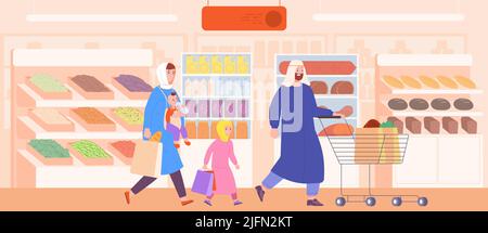 Shopping en famille musulmane. Saudi avec un petit chariot au comptoir, arab dans une épicerie ou un centre commercial de dubaï beau parent et enfant arabe, illustration vectorielle du shopping, famille saoudienne Illustration de Vecteur