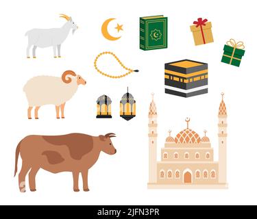 EID al Adha Mubarak ensemble de dessins animés. Vacances musulmanes traditionnelles Illustration de Vecteur