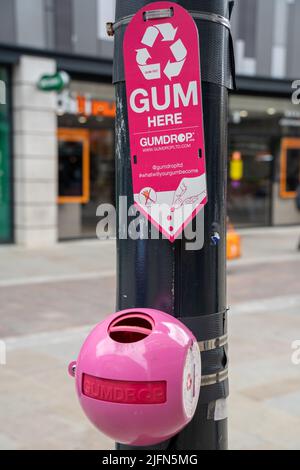 Poubelle montée sur poteau de lampe Pink Gumdrop pour l'élimination de chewing-gum et de bubble-gum usagés, également fabriquée à partir de chewing-gum recyclé Banque D'Images