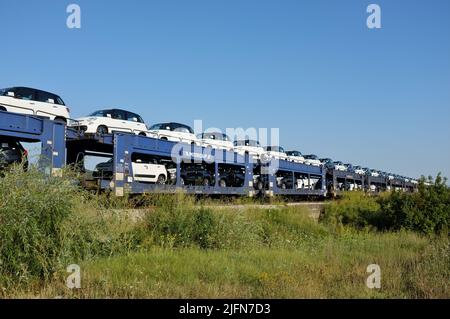 Voitures neuves, Fiat 500L, sur un train de marchandises de l'industrie automobile de Mosolf, logistique et services, en Serbie Banque D'Images