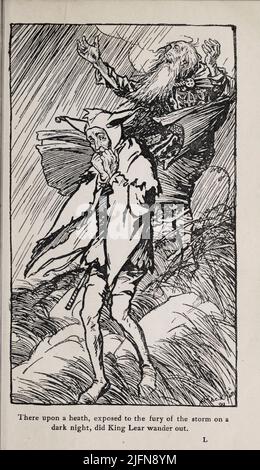 Là, sur une lande, exposée à la fureur de la tempête sur une nuit sombre, le roi Lear errait dehors Engraving avec la représentation du livre ' Tales from Shakespeare ' par Charles et Mary Lamb, illustré par Arthur Rackham, Date de publication 1908 Editeur Londres : J.M. Dent & Co. ; New York : E.P. Dutton & Co Banque D'Images