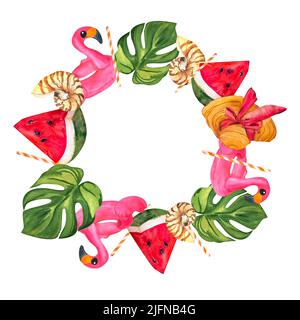 set aquarelle pour le design - rose flamant, chapeau avec un noeud rose, feuille de monstère, pastèque, mer coquillage, paille pour cocktail. Dessiné à la main, isolé Banque D'Images