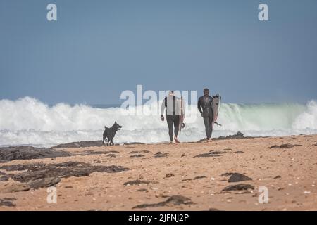 Une vue arrière des surfeurs en combinaisons marchant sur la plage avec des planches de surf à Jeffreys Bay, Afrique du Sud Banque D'Images