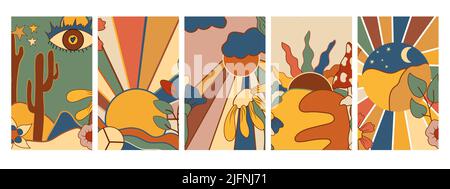 Affiches rétro groovy, fond de coucher de soleil rétro, oeil, champignons, fleurs rétro, cactus et autres. Affiche psychédélique de style vintage. Affiche numérique abstraite. Illustration vectorielle Illustration de Vecteur