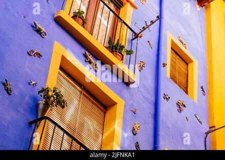 Lézards comme éléments décoratifs sur une façade pourpre. Calatayud, Saragosse, Aragón, Espagne, Europe Banque D'Images