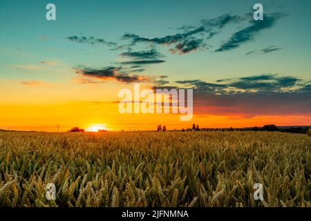 Magnifique coucher de soleil au vieux réservoir d'eau le Lanstroper EI. Le soleil couchant fait briller le champ de maïs devant lui. Banque D'Images