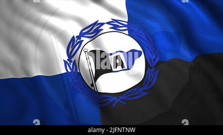 Drapeau agitant avec emblème du club de football allemand. Mouvement. Magnifique drapeau de 3D qui flotte dans le vent avec le logo du club de football. Logo du club de football allemand Banque D'Images