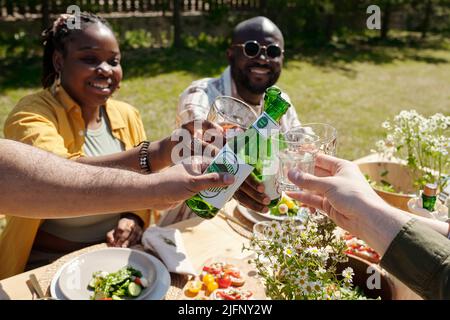 Mains de jeunes amis interraciaux avec des verres de vin et des bouteilles de bière toaster pendant le pique-nique ou la fête en plein air le jour de l'été Banque D'Images