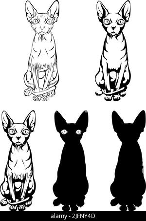 Image d'un chat, chat Sphynx, portrait, figure, illustration, ensemble, blanc, noir, isolé, simple, icône, art, symbole, graphique, dessin Illustration de Vecteur