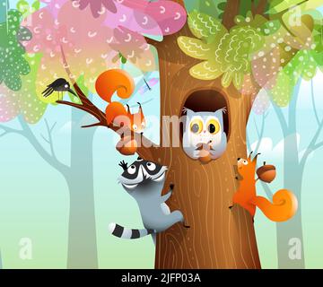 Bébé animaux Owl Raccoon Squirrel dans la forêt d'automne Illustration de Vecteur