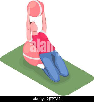 Femme enceinte faisant de la gymnastique avec des balles de fitball sur mat 3D illustration vectorielle isométrique Illustration de Vecteur