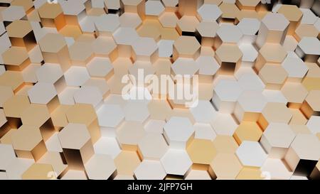 Les hexagones se déplacent sur la surface. Conception. Surfaces avec colonnes mobiles d'hexagones. De magnifiques piliers se montent au-dessus de la surface en forme de nid d'abeille Banque D'Images
