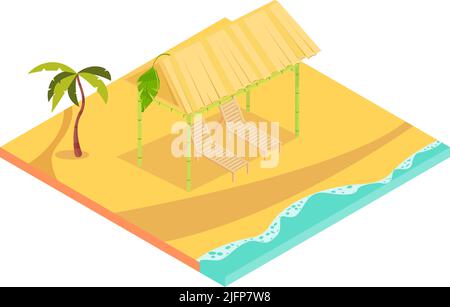 Icône isométrique repos tropical avec deux salons vides sous le toit sur la plage 3D illustration vectorielle Illustration de Vecteur