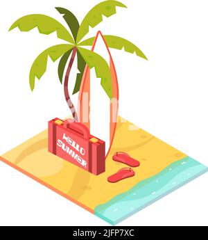 Tropical repos vacances icône isométrique avec des tongs de planche de surf et une valise sur la plage 3D illustration vectorielle Illustration de Vecteur