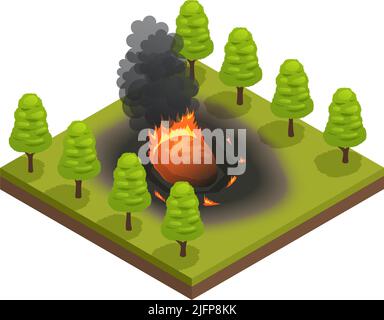 Catastrophes naturelles composition isométrique avec vue de l'impact de la chute de météorite avec le feu et les arbres forestiers illustration vectorielle Illustration de Vecteur