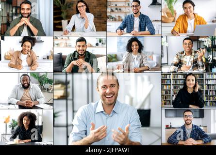 Caucasien positif amical mentor, leader, tenue d'une conférence vidéo en ligne avec un groupe de collègues multiraciaux, discuter des opportunités futures de l'entreprise, une nouvelle start-up, un projet Banque D'Images