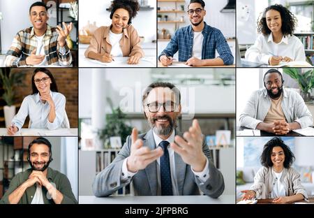 Le pdg de l'entreprise, fiable et mature, organise une réunion virtuelle avec ses employés par vidéoconférence. Des collègues de différentes nationalités ayant réussi ont une session de brainstorming de groupe Banque D'Images