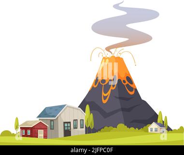 Composition de caricatures de catastrophes naturelles avec vue sur les maisons vivantes et illustration du vecteur volcanique en éruption Illustration de Vecteur