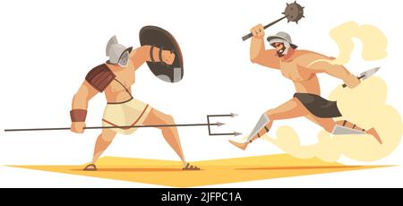 Composition de dessin animé de deux gladiateurs romains armés de fighing illustration vectorielle Illustration de Vecteur