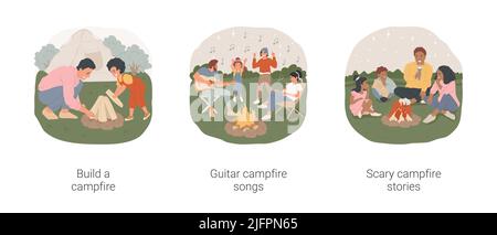 Jeu d'illustrations vectorielles de dessins animés isolées d'activités de feu de camp. Père et son construire feu de camp, activité de camping de vacances d'été, chansons de feu de guitare, raconter des histoires effrayantes dans le dessin animé vectoriel sombre. Illustration de Vecteur