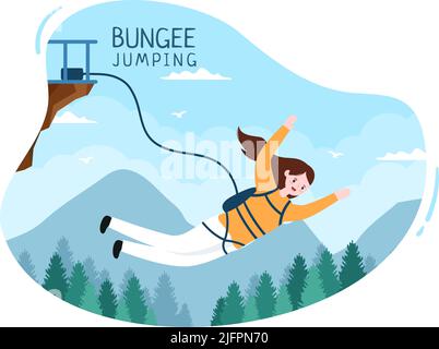 Saut à l'élastique des personnes attachées avec un corde élastique tombant après un saut à partir d'une hauteur dans le dessin animé de sport extrême Illustration de Vecteur
