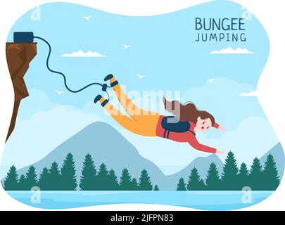 Saut à l'élastique des personnes attachées avec un corde élastique tombant après un saut à partir d'une hauteur dans le dessin animé de sport extrême Illustration de Vecteur