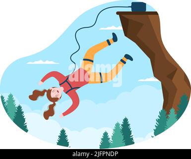 Saut à l'élastique des personnes attachées avec un corde élastique tombant après un saut à partir d'une hauteur dans le dessin animé de sport extrême Illustration de Vecteur