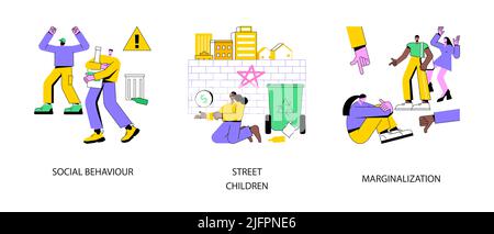 Ensemble d'illustrations vectorielles abstraites de problèmes sociaux. Comportement social, enfants des rues, marginalisation, maltraitance des jeunes, lutte contre les gangs, violence domestique, intimidation à l'école, métaphore abstraite. Illustration de Vecteur
