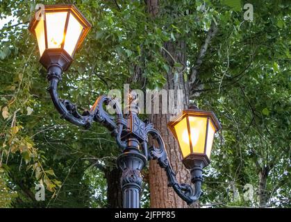 Deux magnifiques lanternes d'éclairage de rue vintage sur un poteau rétro en fer forgé sur un fond d'arbres verts sont dans le parc au printemps, à l'extérieur Banque D'Images