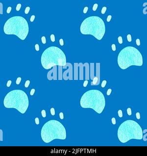 Motif de pattes sans couture. Empreinte de chat simple et mignonne. Illustration aquarelle. Isolé sur fond bleu. Pour vos vêtements de conception, papier d'emballage. Banque D'Images