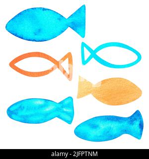 Un ensemble simple de poissons. Nourriture pour chats. Illustration aquarelle. Isolé sur un fond blanc. Pour vos autocollants de conception, produits pour animaux et aliments pour animaux. Banque D'Images