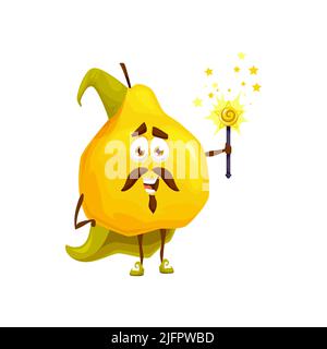 Dessin animé jaune poire fruit magicien ou personnage. Sorcier de coing à vecteur mûr amusant, personnage magique en chapeau de sorcière et cape avec baguette à la main. Souriant moustaché avec enchanteur de fruits ou necromancer Illustration de Vecteur